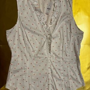 New York & Company White and pink Polka Dot Ruffle Blouse